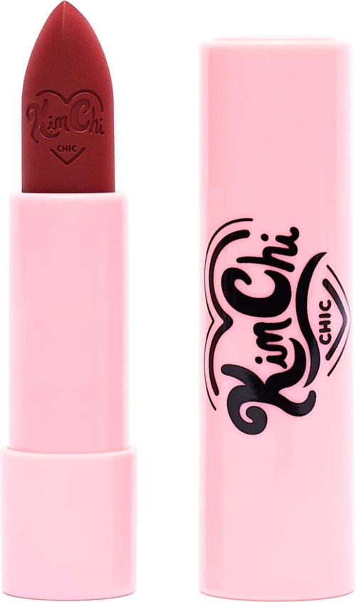 A pink lipstick container with an open dark red lipstick inside and a matching pink cap.
