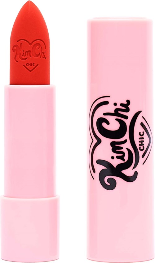 A pink lipstick tube with a red lipstick inside, labeled 'Lip Chic' and 'Chic' on the tube.