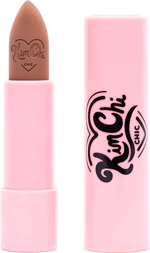 A pink lipstick tube with the lipstick partially extended, showing the Lip Chi logo on it.