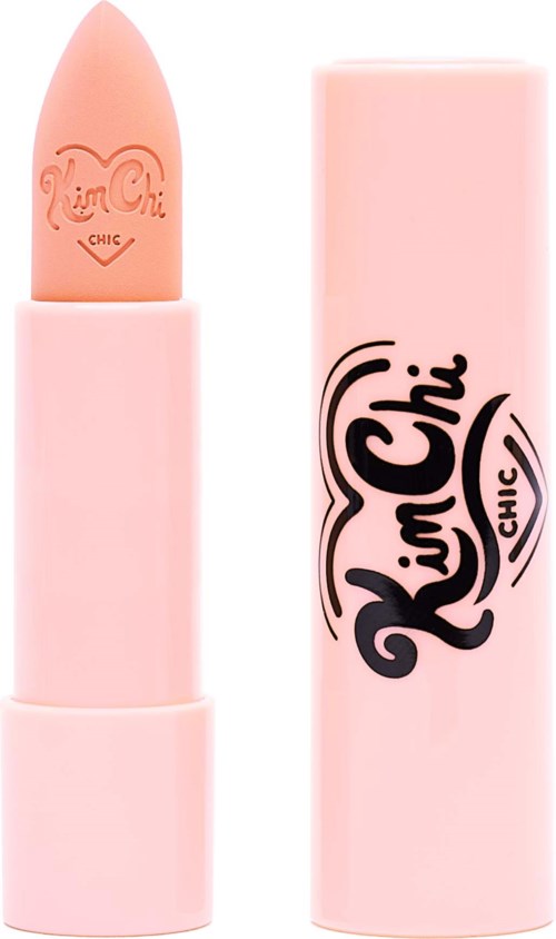 A pink lipstick tube with a lipstick partially extended, featuring the 'RinChic' logo on both. Simple and stylish.