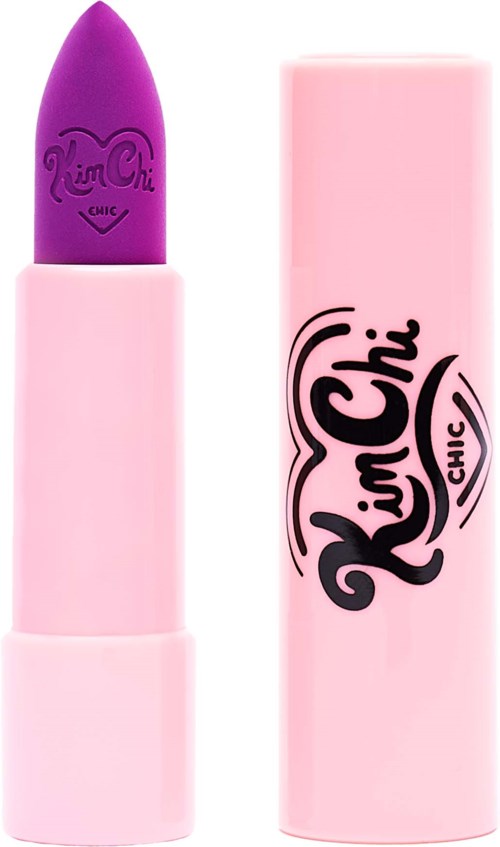 A purple lipstick with a pink case shows the 'Lime Chi Chic' logo on both.
