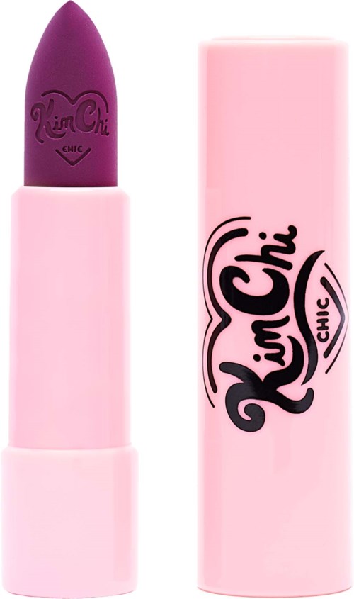 A pink lip balm tube with purple lipstick inside, and the brand name "Lip Chi" on both.
