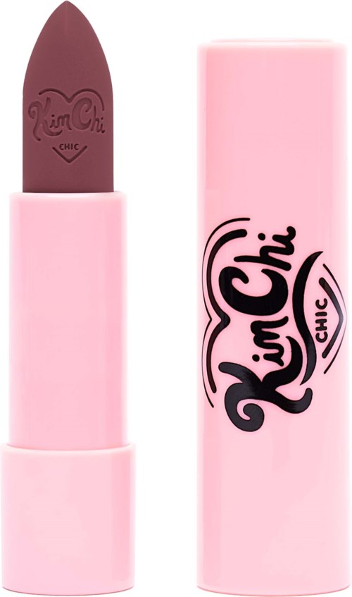 Pink lipstick with black text and logo, open showing the lipstick inside.