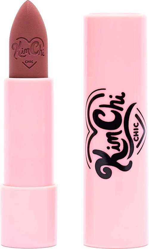 Pink lipstick with a darker shade inside and a bright pink tube with the 'Kiss Chic' logo.
