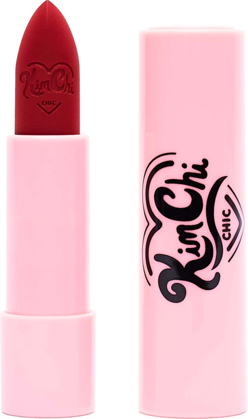 A pink lipstick tube with black text and a red lipstick inside.