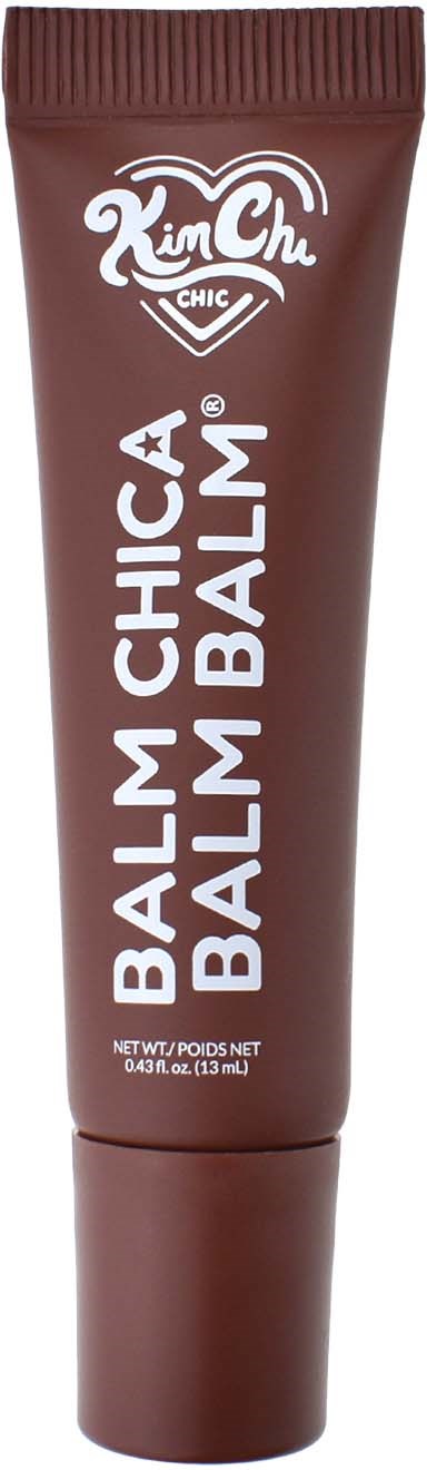 Ruskea putkilonka KimChic Chic Balm Chica Balm, käännettävä suuaukko ja valkoinen teksti edessä.