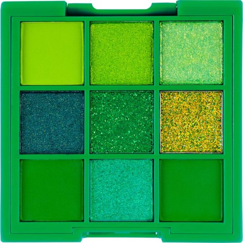 A green eyeshadow palette with nine shades, mostly in green and yellow tones, some with shimmer.