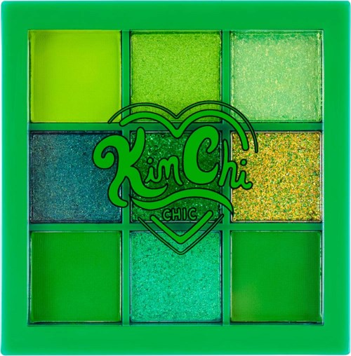 A green eyeshadow palette with nine different shades and a 'Kim Chi Chic' logo in the center.