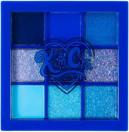 Nine blue and glittery eyeshadow pans arranged in a 3x3 grid with a heart-shaped logo that says 'KimChi CHIC' in the center.
