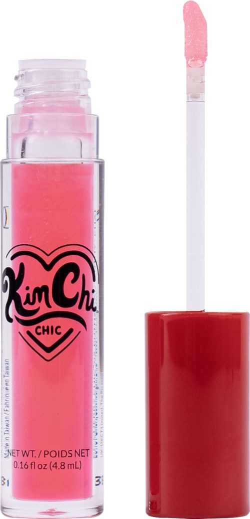 A pink lip gloss tube with a red cap and a wand applicator.