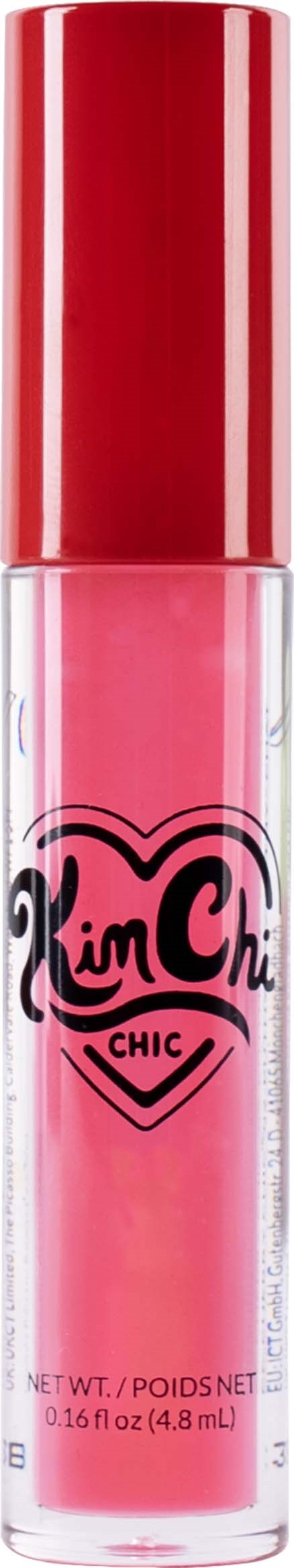 Pink lip gloss in a clear tube with a red cap, labeled 'Kim Chi Chic' with a heart logo.