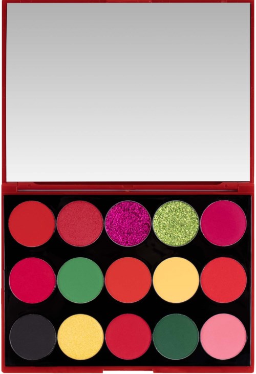 A makeup palette with twelve colorful round eyeshadow pans, including pink, green, red, black, and yellow shades.