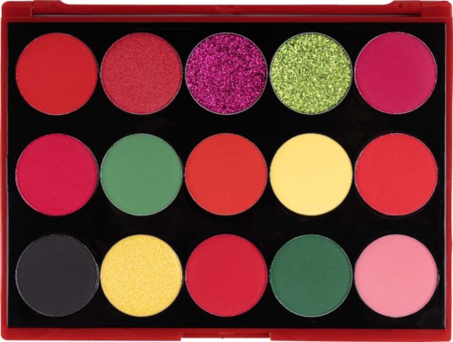A colorful palette with 15 round makeup or paint elements in red, pink, green, yellow, black, and glittery shades.