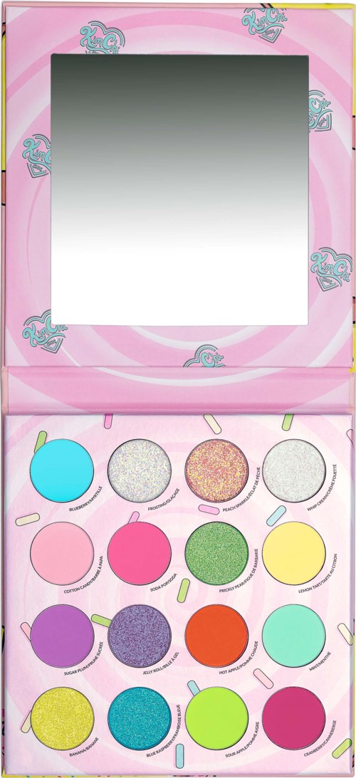 A pink eyeshadow palette with 15 varied shades and a mirror. Includes colors like blue, pink, green, purple, and red.