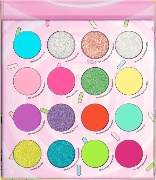 Colorful eyeshadow palette with various shades including pink, blue, green, purple, and yellow in small round pans.