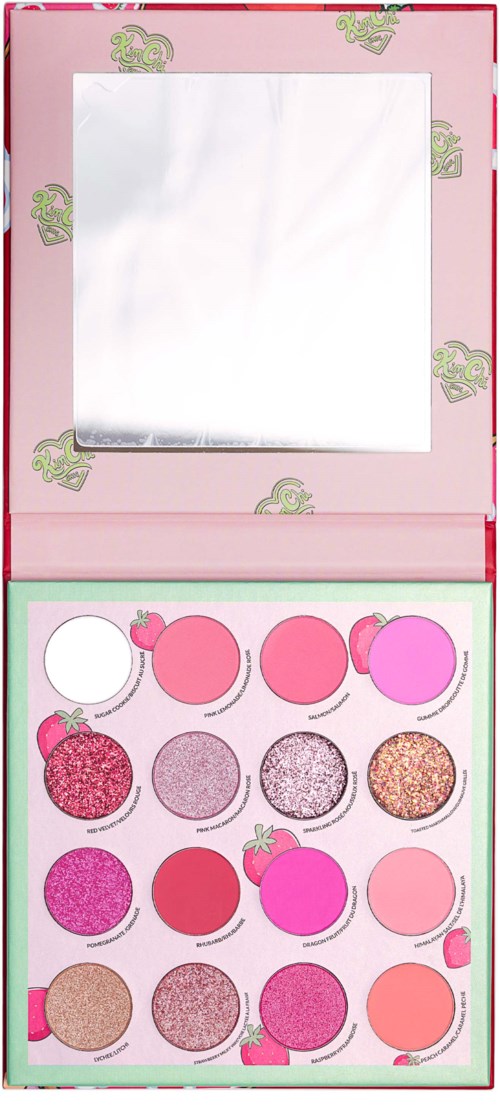 A pink eyeshadow palette with 15 shades, featuring pink, purple, and glittery colors, and a mirror inside the lid.