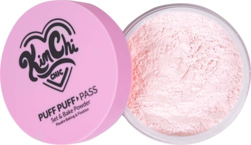 Pink round container with a lid that says "Kin Chi" and "Puff Puff Pass". Inside, pink powder is visible.