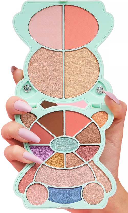 A compact makeup palette with various eyeshadows and blushes in pastel and bright colors.