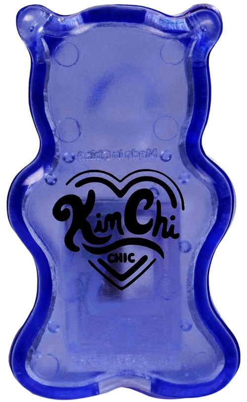 Blue gummy bear-shaped container with Kim Chi Chic logo in black.