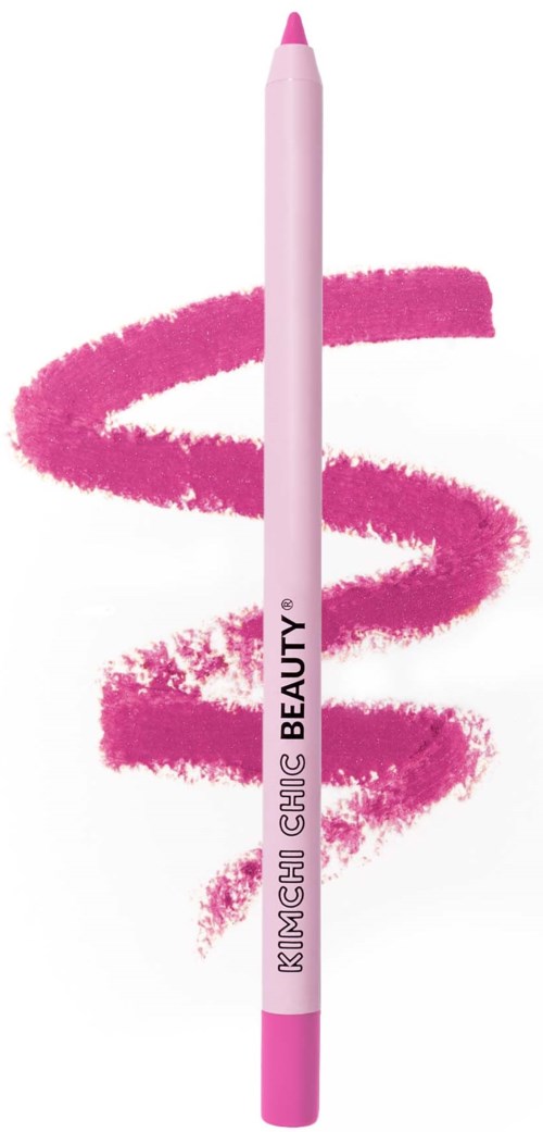 Roter Eyeliner mit den Worten 'KIMCHI CHU BEAUTY' und einem rosa Wirbelhintergrund.