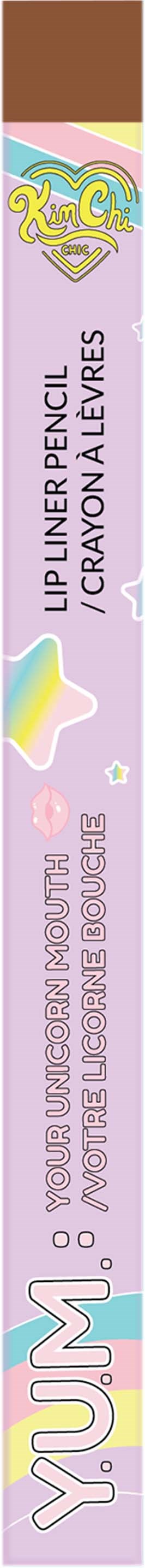 Ein pastellfarbener Lippenstiftstift mit Regenbogen- und Einhorn-Designs und Text über ihn als Einhorn-Lippenbinder.