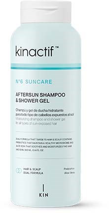 Een wit flesje met zwarte tekst genaamd 'Kinactif' voor haar- en hoofdhuidverzorging, inclusief shampoo en douchegel.