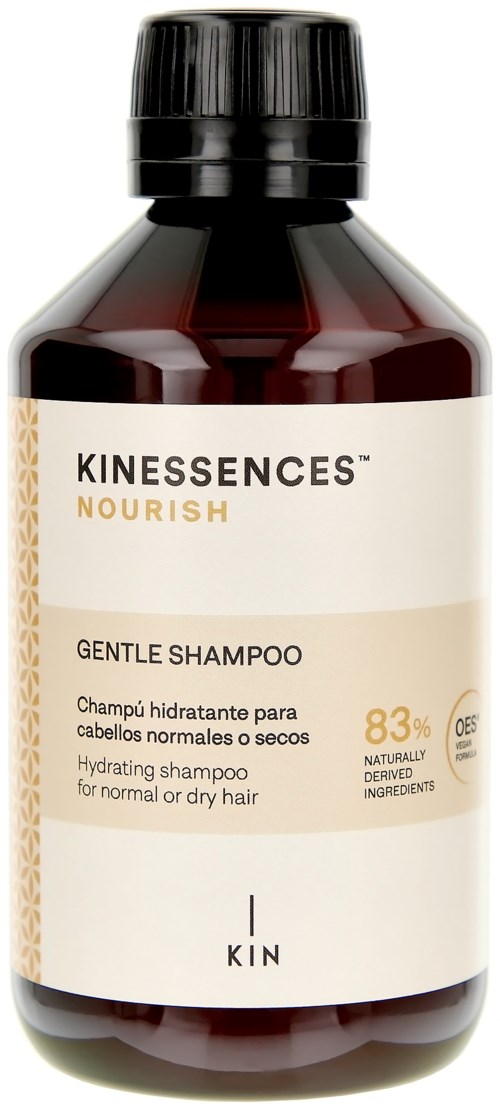 A brown bottle of Kinessences Nourish Gentle Shampoo for normal or dry hair, contains 83% natural ingredients.