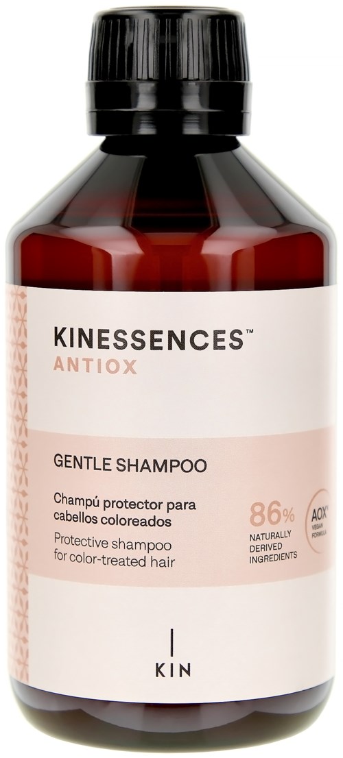 A brown bottle with a black cap labeled KIN SENCES ANTIOX Gentle Shampoo for colored hair.