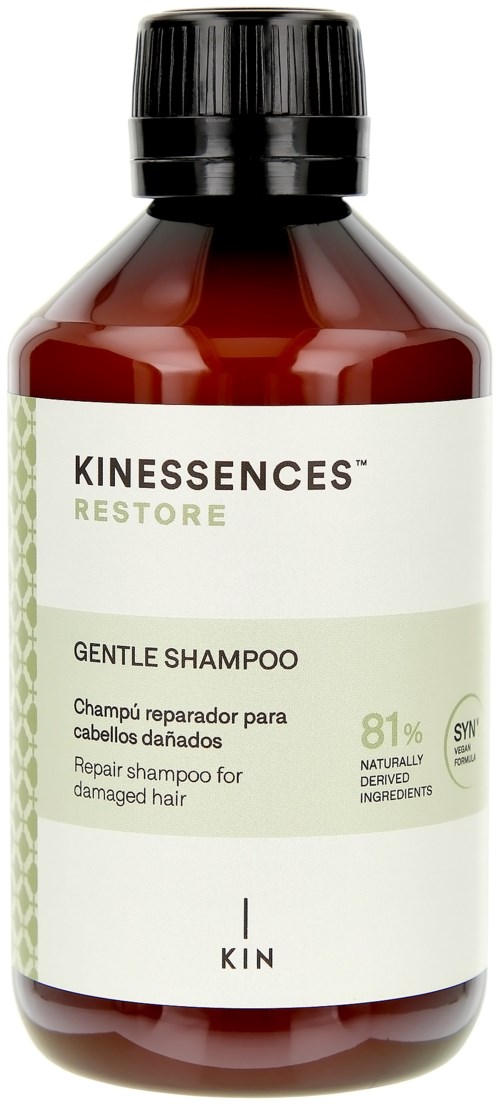 A brown bottle of KINESSENCES Restore gentle shampoo for damaged hair, contains 81% natural ingredients, with a black cap.