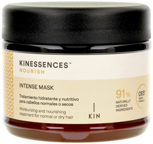 A jar of Kinessences Nourish Intense Mask for normal or dry hair, made with natural ingredients. Contains 91% natural ingredients.