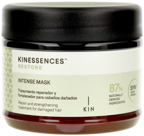 A jar of Kinessences Restore Intense Mask for damaged hair, with 87% natural ingredients, suitable for repair and strengthening.