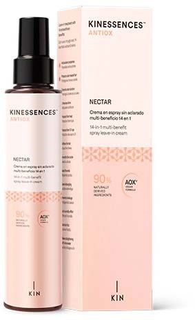 A skincare product bottle and box, labeled Kinescence Antiox Nectar, with a mostly pink and white design.