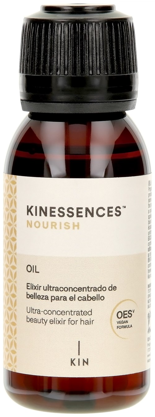Small brown bottle with a black cap, label showing KINESSENCES NOURISH oil for hair. Contains beauty elixir for hair.