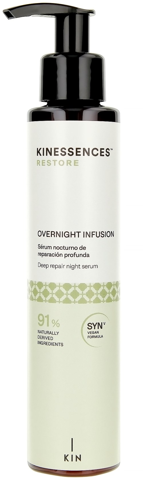 A white and black pump bottle labeled KINESSENCES RESTORE, containing overnight repair serum with natural ingredients and 91% skincare components.