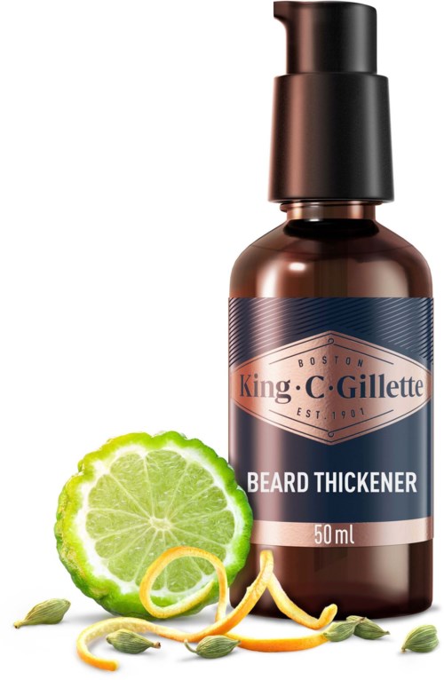 Dunkle Flasche mit 'Beard Thickener' Beschriftung, vor der Zitrone, Limette und Samen-Dekorationen.