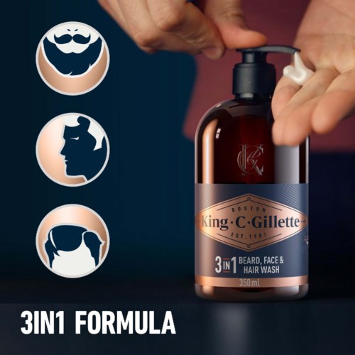 Eine Hand drückt Schaum aus auf eine Flasche 'King C. Gillette' für Bart und Haare, mit Icons für Bart, Gesicht und Haare.