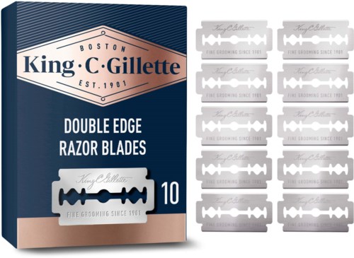 Packung mit 10 doppelseitigen Rasierklingen von King C. Gillette mit weiteren Klingen daneben.