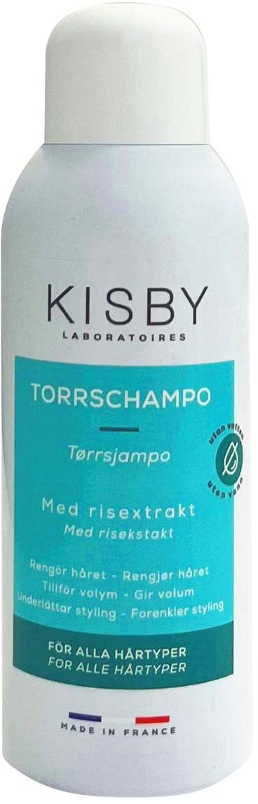 A white bottle with a blue label, labeled as Kisby Torshampoo for hair cleansing with a risk extract.