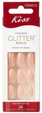 A box of peach-colored nail tips with a clear display showing their shape and size.