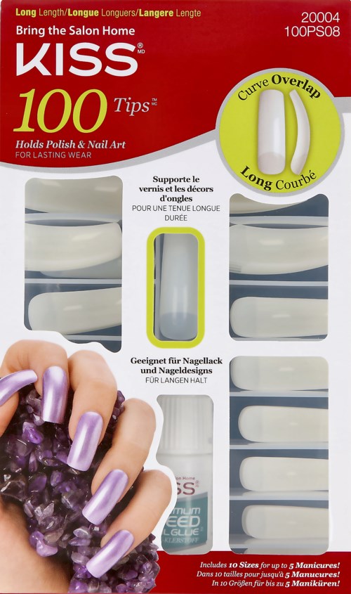 En låda med 100 nagellook-alternativ för långvariga naglar, inklusive bågformade och raka designer, med en person som visar målade naglar.