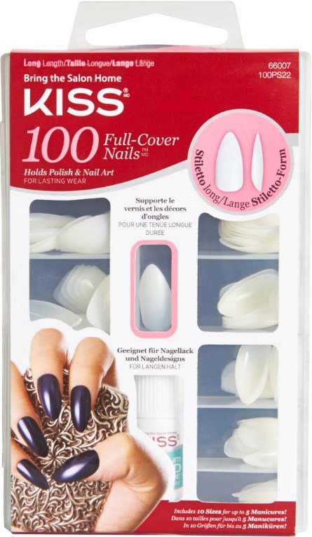 Nail tips with a small container of nail glue, package designed for nail extension, featuring a hand with painted nails.