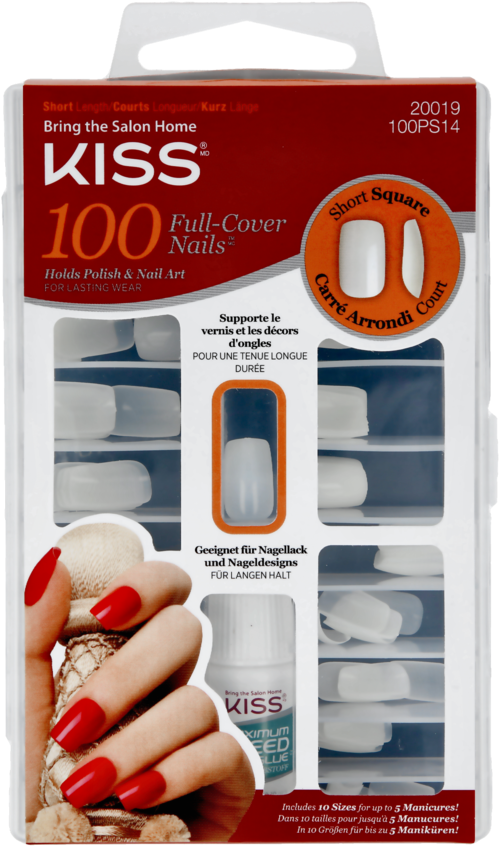 A box of KISS 100 full-cover nail tips with a short square shape and nail glue, showing nails painted red.