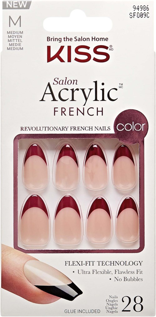 Box of imitation French acrylic nails with red tips, 28 pieces, flexible fit, no bubbles, with glue.