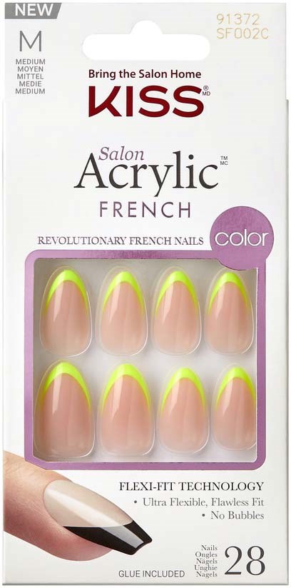 Nail strips with yellow tips in clear packaging, brand 'KISS', designed for French manicure, 28 pieces.