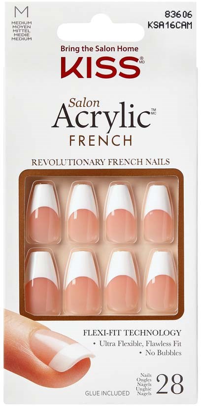 Box of 28 French acrylic nails with a natural look, flexible, no bubbles, easy to apply, and includes glue.