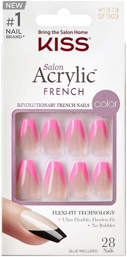Box of 28 artificial nails with pink tips for French manicure, flexible, no bubbles, includes glue.