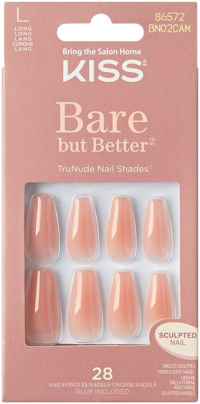 Pink nail polish pack with 28 nails for fake nails, labeled 'Bare but Better' and 'Sculpted Nail'.