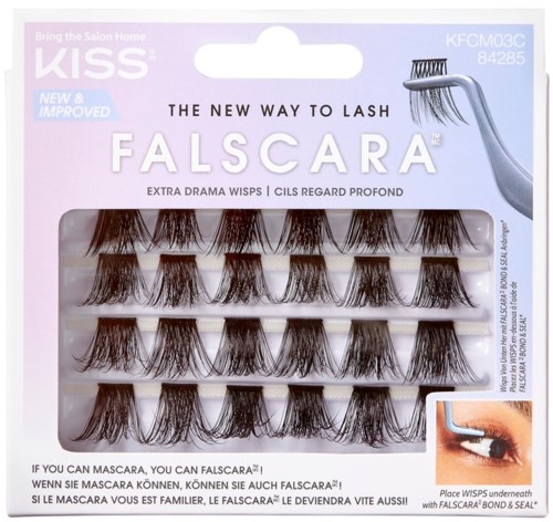 Packaging of false eyelashes with multiple strips, brand 'KISS,' and a small image of an eye applying mascara.