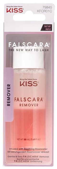 Falscara remover package with pink and white packaging, showing two bottles inside, one clear and one pink. It is for eyelash extension removal.