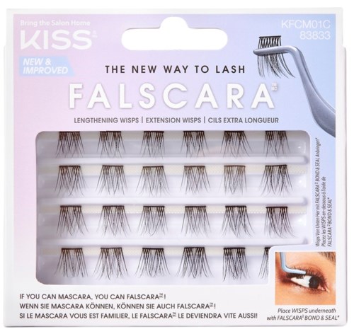 A plastic package contains multiple sets of false eyelashes, labeled as the new way to lash, with positioning image of an eye.